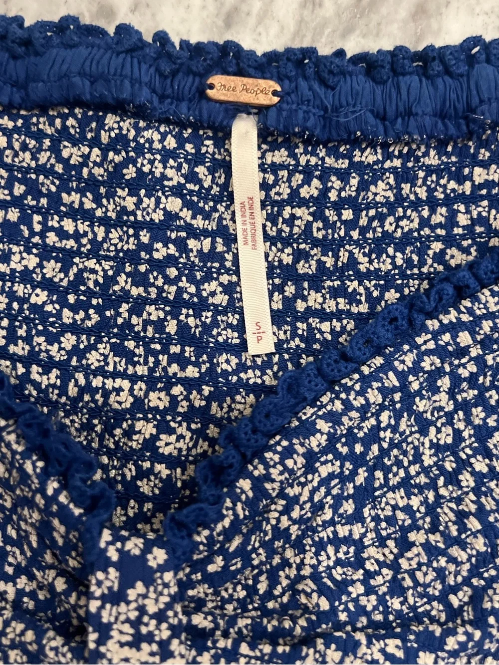 Free People Navy Blue Floral Puff Sleeve Crop Top
